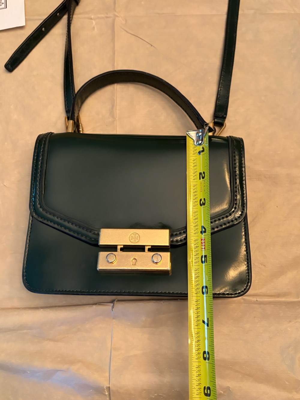 Tory Burch Juliette Mini Top-Handle Satchel in a glossy dark green/emerald - Picture 8 of 12